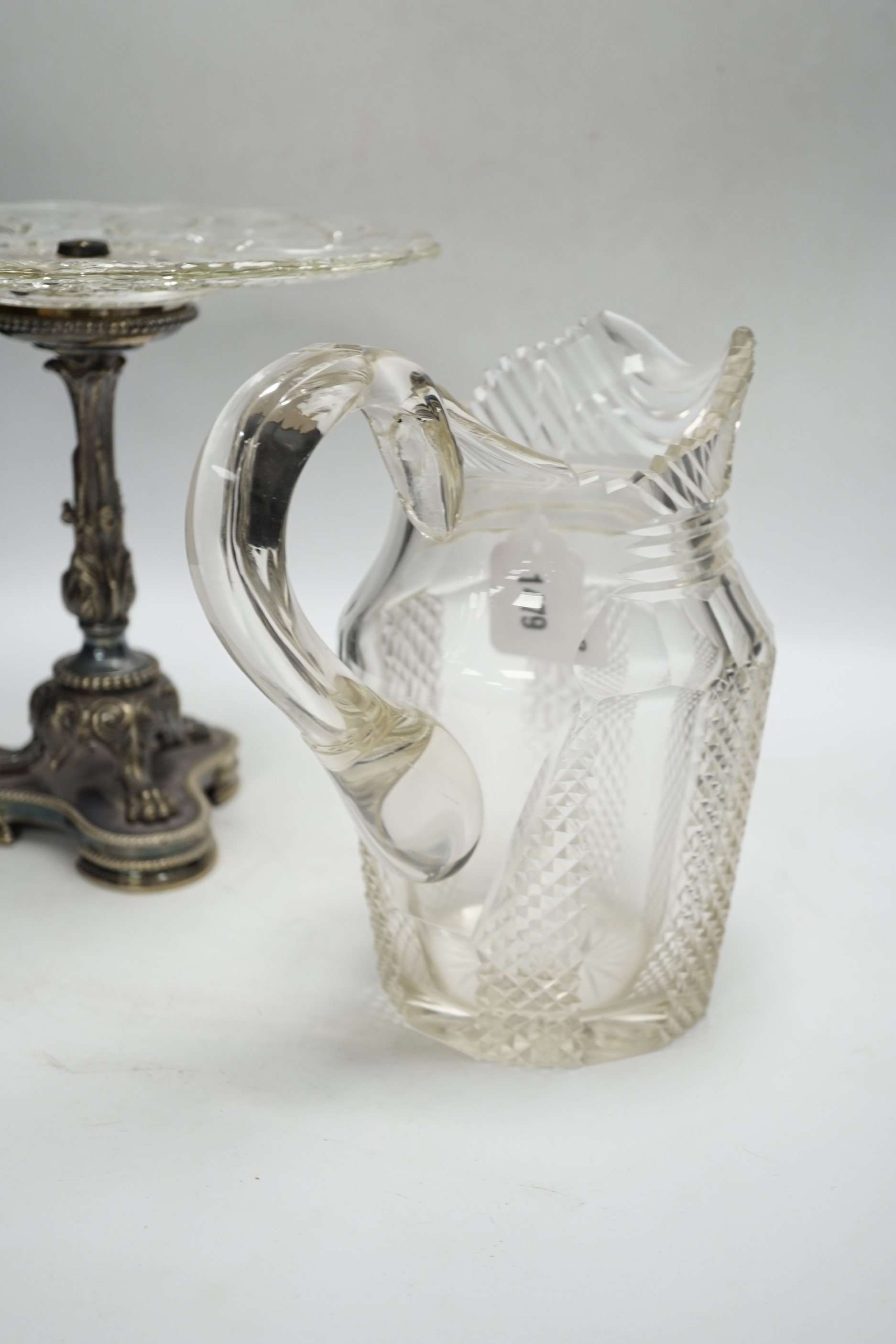 A Victorian silver plated comport and a Victorian cut glass water jug, latter 22cm